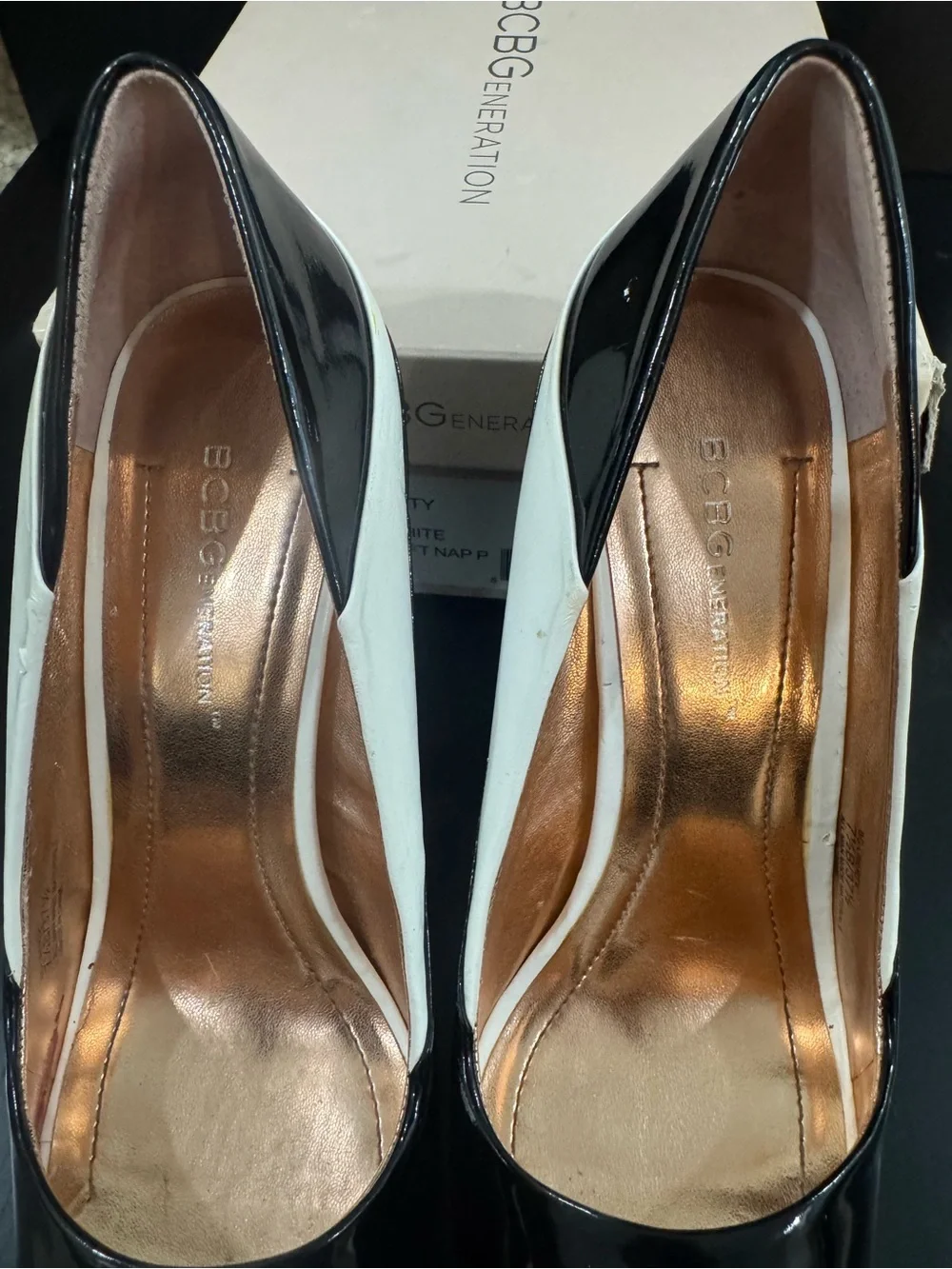 BCBGeneration Black and White Peep-Toe Platform Pumps